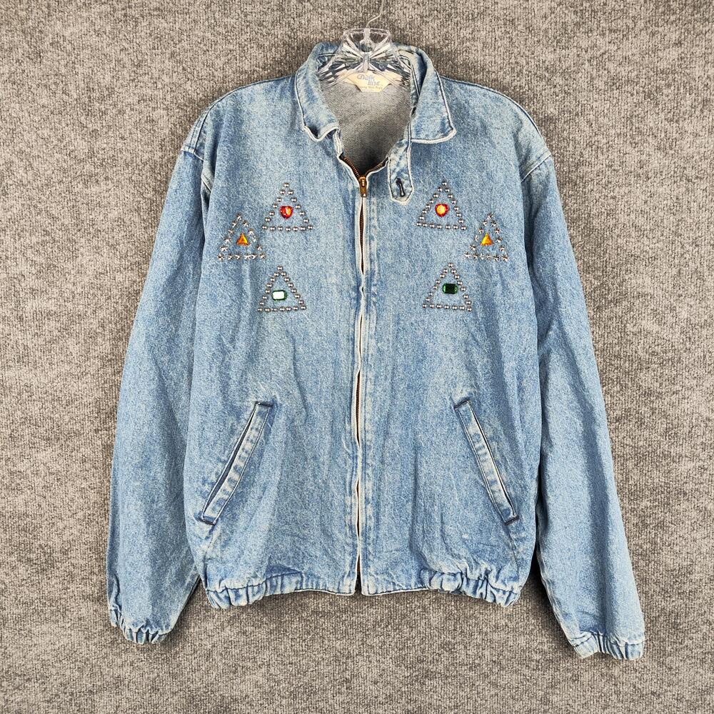 Vintage Chalk Line Jacket Mens Medium Blue Denim Rhinestone Stud Bomber 80s